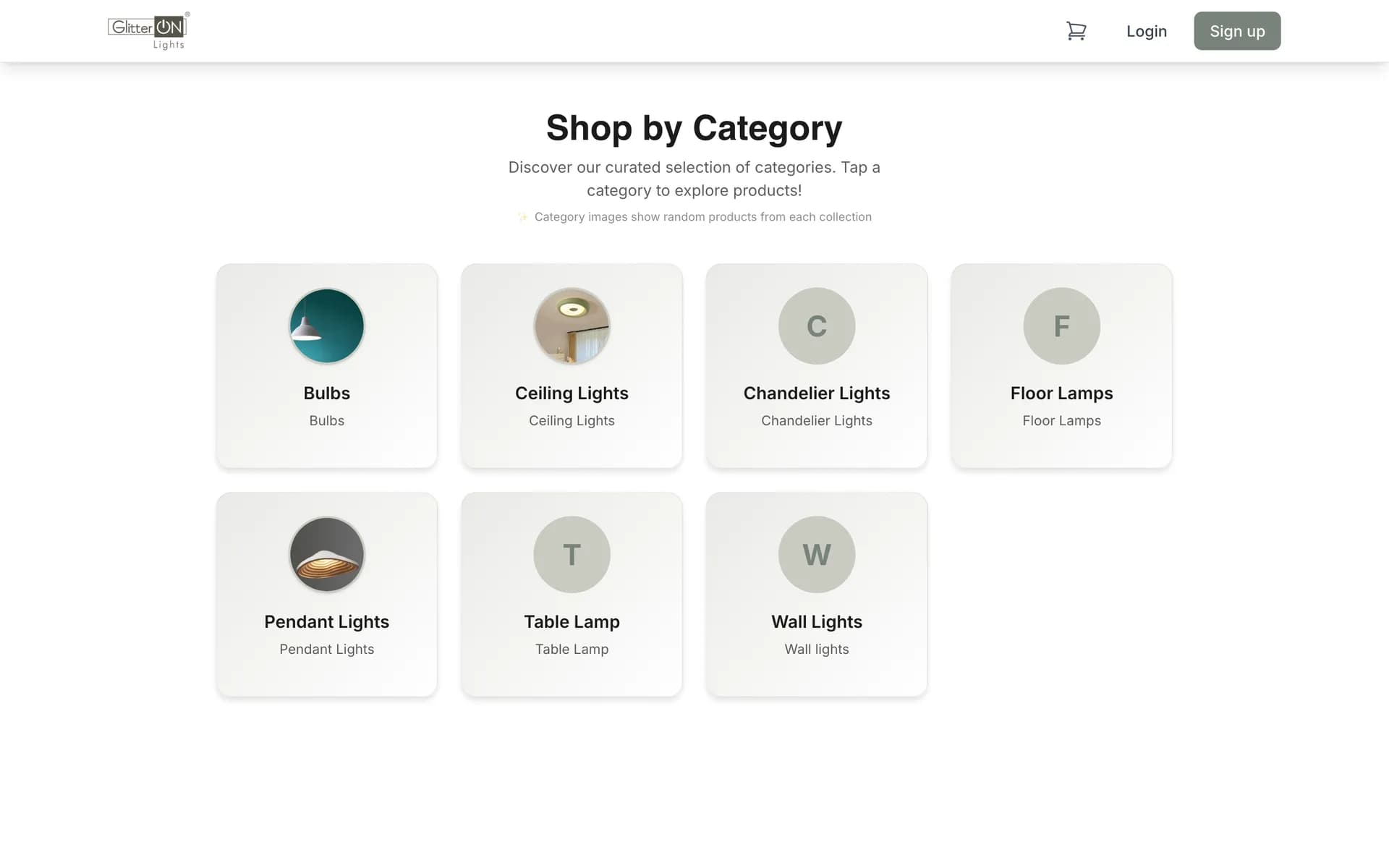 GlitterOn app — 'Shop by Category' grid covering bulbs, ceiling, chandelier, floor, pendant, table and wall lighting.