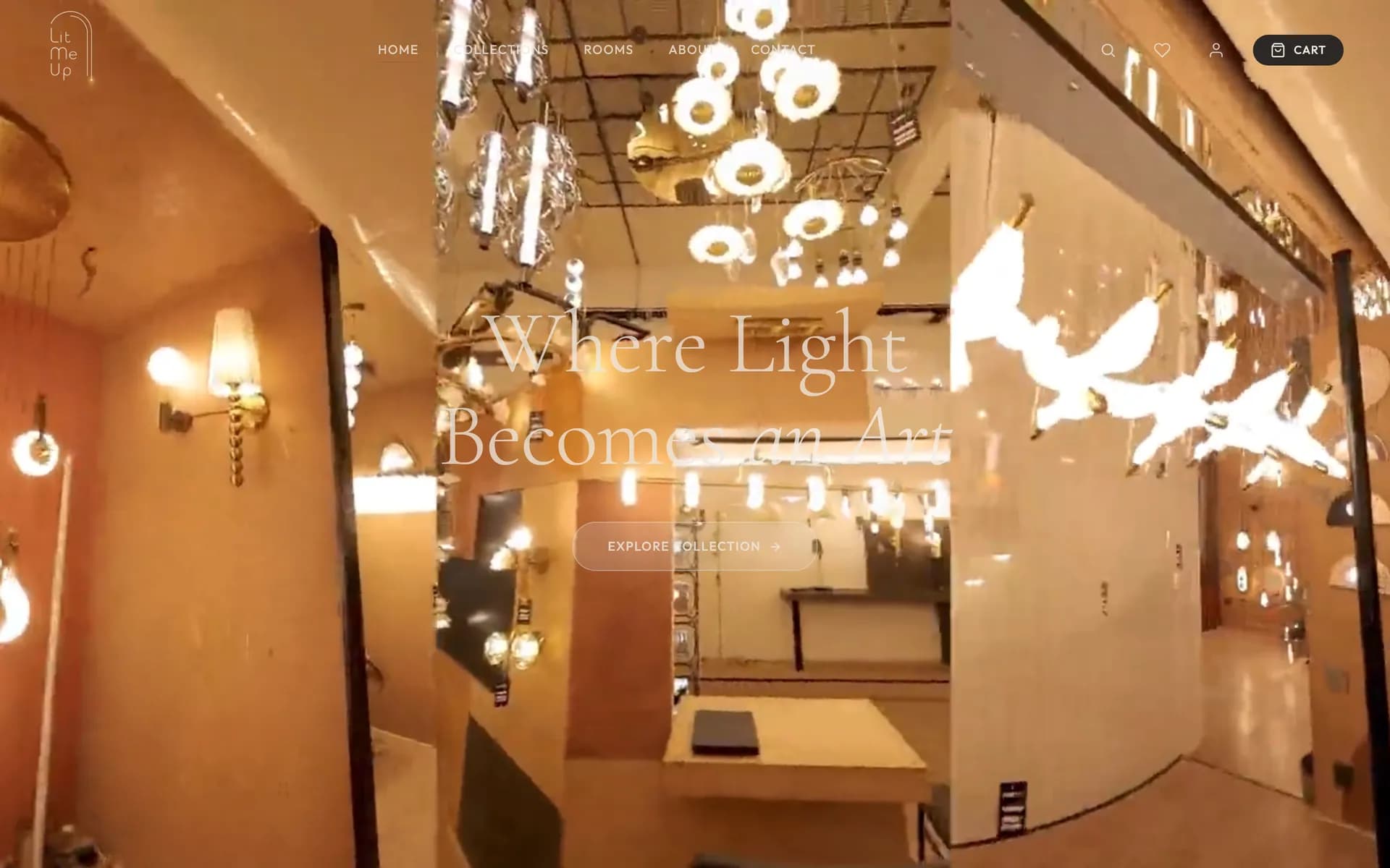 LitMeUp homepage — a full-bleed showroom film behind the line 'Where Light Becomes an Art'.