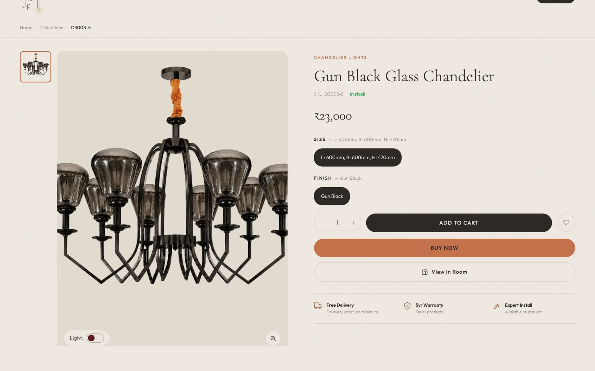 LitMeUp product page for the Gun Black Glass Chandelier with size and finish options, add to cart, buy now and view in room.