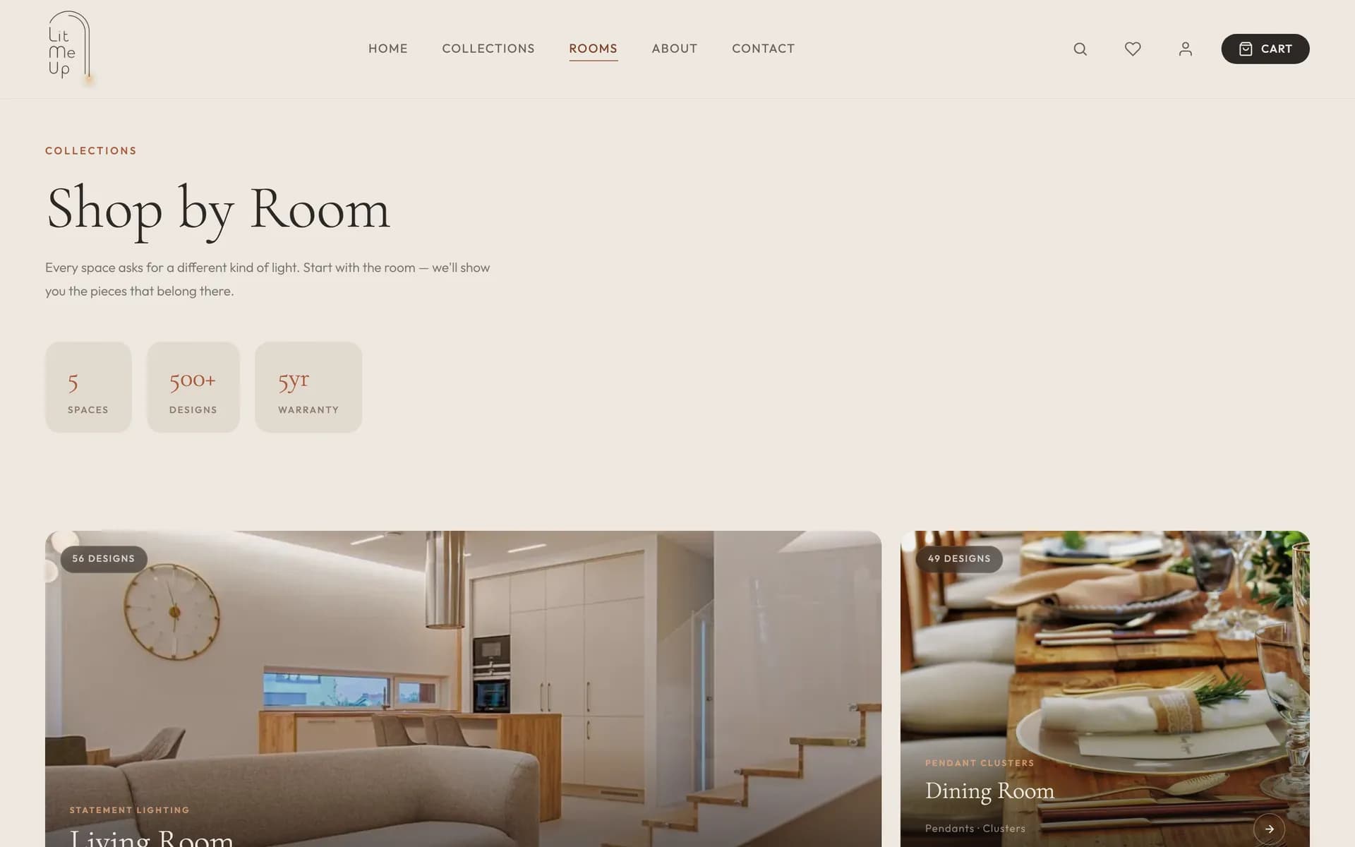 LitMeUp 'Shop by Room' page with photographic room cards showing the design count for each space.